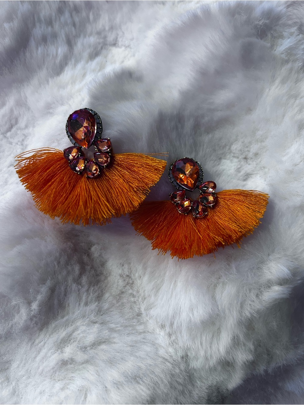 Vibrant Orange Tassel Fan Earrings with Crystal Accents